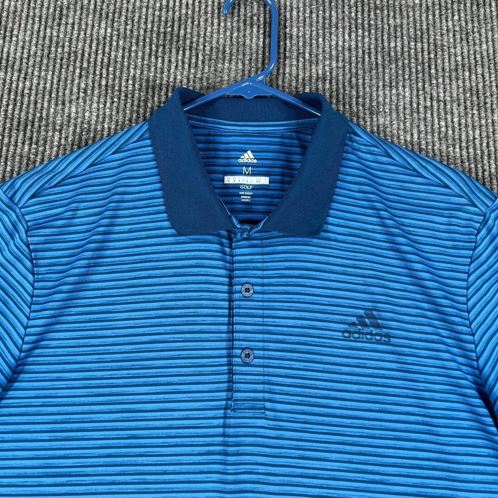 Adidas Polo Shirt Mens Medium Blue Striped Short Sleeve Golf Outdoor Casual